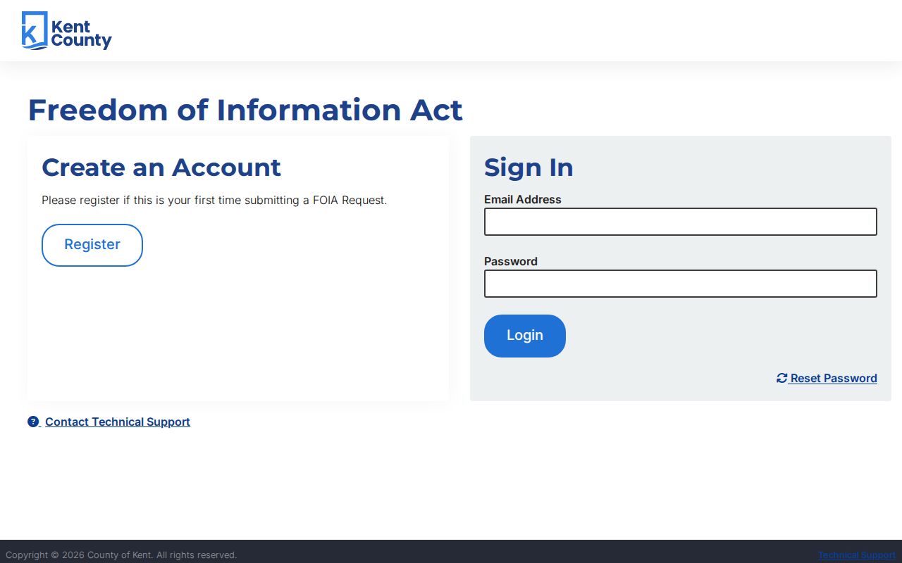 Kent County public FOIA request portal for booking records