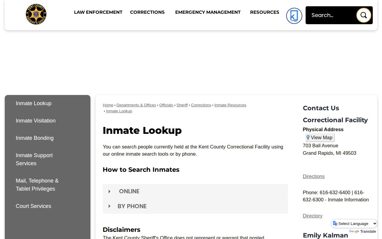 Kent County official inmate lookup page and jail viewer guidance