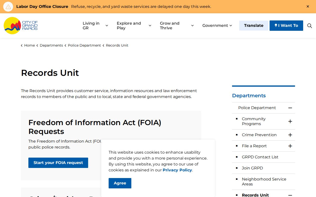 Grand Rapids Police Department Records Unit public information page