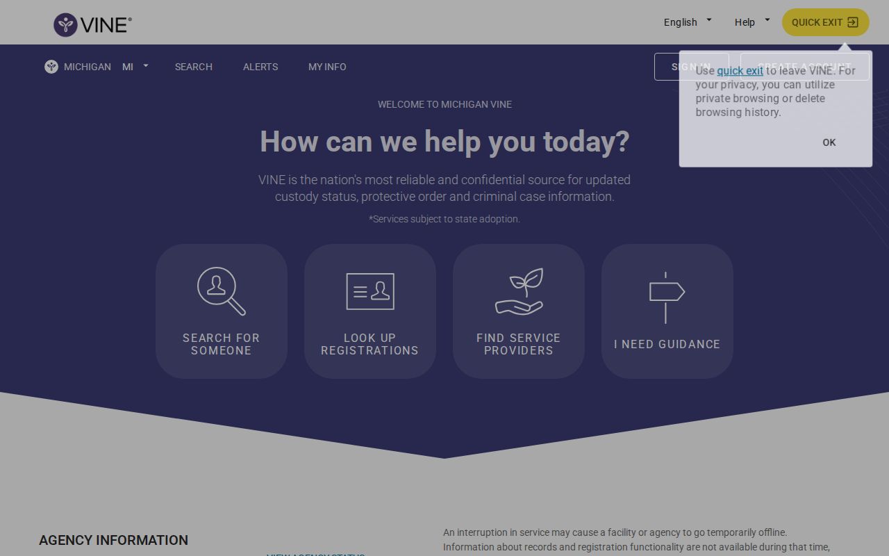 Michigan VINELink custody search and notification interface