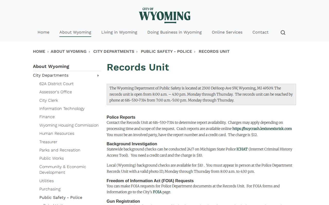 Wyoming Department of Public Safety Records Unit page