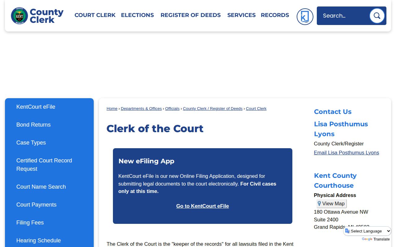 Kent County Court Clerk page for case and disposition research