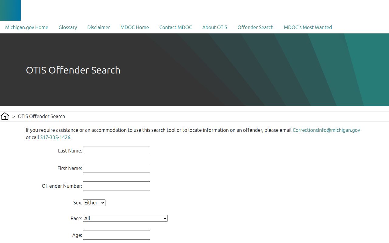 Michigan Department of Corrections OTIS offender search form